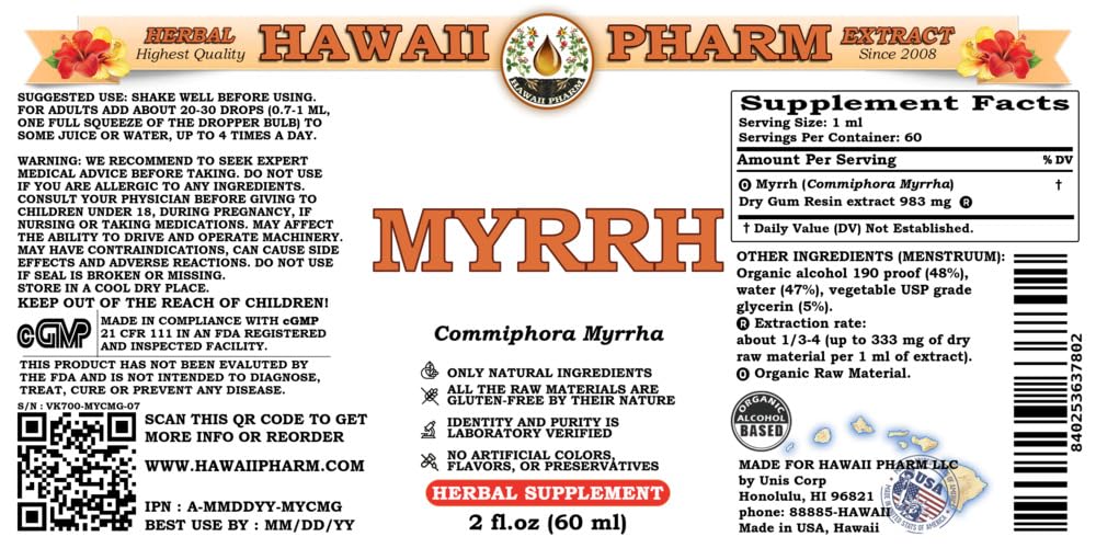 Hawaii Pharm Myrrh Liquid Extract, Professional Grade, Small Batch Crafted Myrrh (Commiphora myrrha) Tincture Herbal Supplement, 2x2 fl.oz