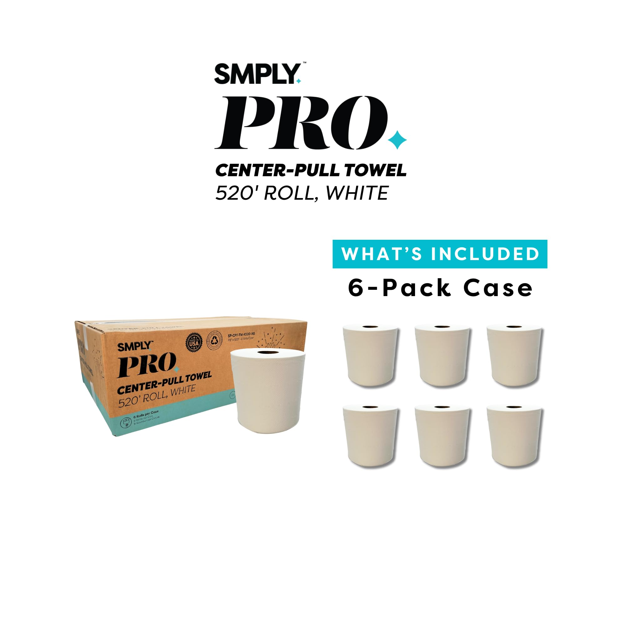 SMPLY PRO Center-Pull Towels, 6-Roll Case, 520’ Roll, 2-Ply White Disposable, Fits Universal Center-Pull Dispensers, Bulk Commercial Paper Towels