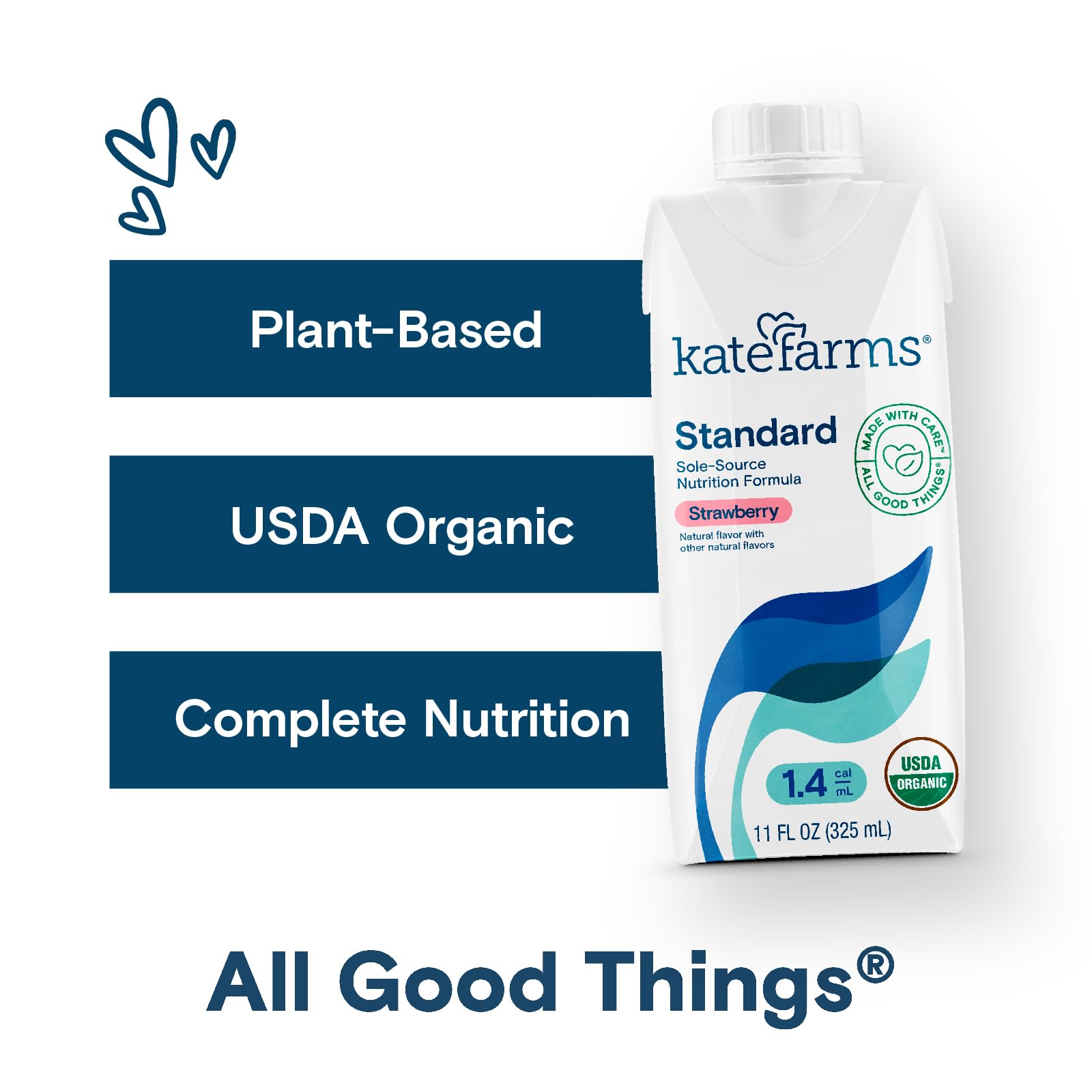 KATE FARMS Organic 1.4 High Calorie Nutrition Shake, Strawberry, 20g Protein, 27 Vitamins and Minerals, Meal Replacement, 11 oz (12 Pack)