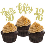 24 Pcs Gold Glitter 50th Birthday Cupcake Toppers for 50th Birthday Celebrating Party Decorations