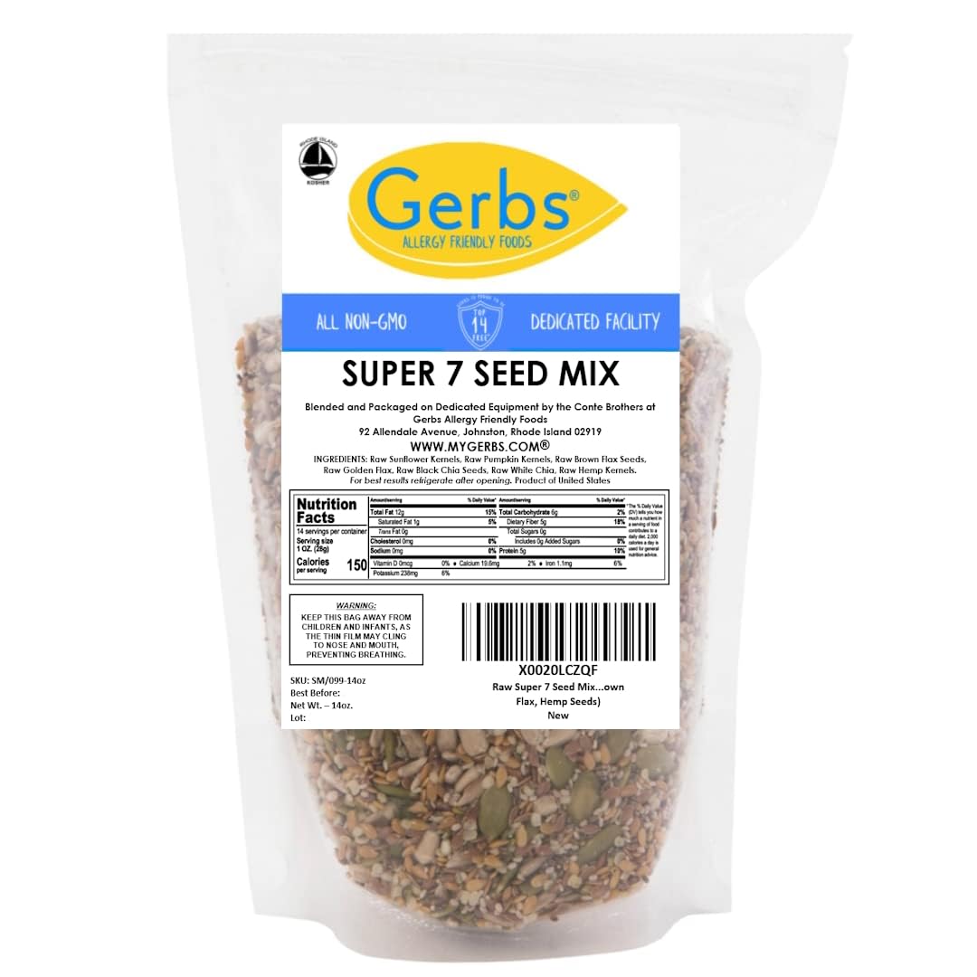 Gerbs Super 7 Seed Snack Mix 14 oz. | Raw, No Artificial Additives, Resealable Bag | Crunchy Pumpkin, Sunflower, Brown & Golden Flax, Black & White