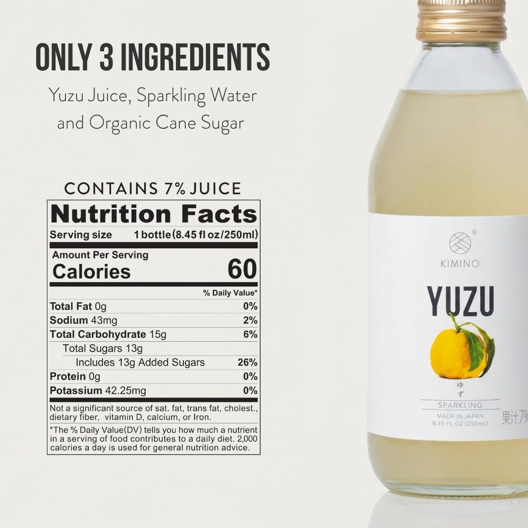 Kimino Sparkling Yuzu Juice - Japanese Yuzu Drink, All Natural Ingredients, Organic Sugar Cane, Hand Picked Shikoku - Sparkling Soda, Vitamin C