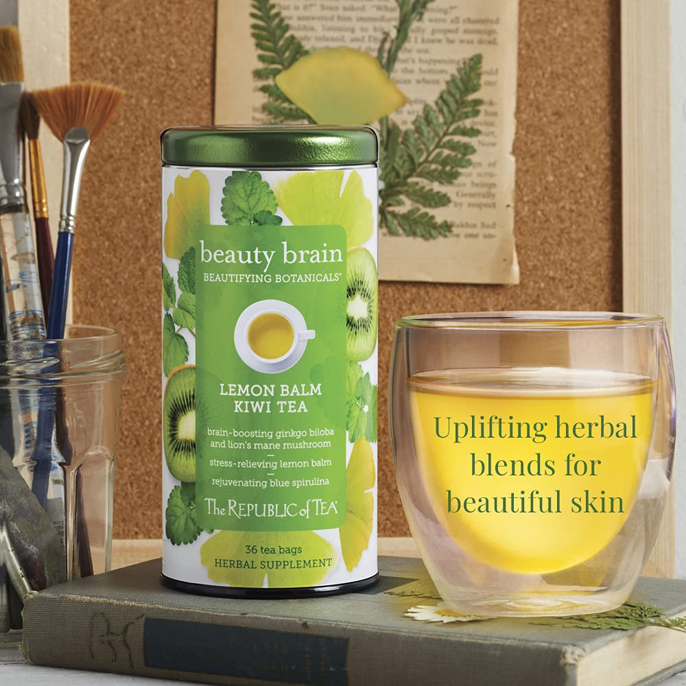 The Republic of Tea - Beauty Brain Beautifying Botanicals Lemon Balm Kiwi Tea, 36 Tea Bags, Herbal Blend, Caffeine Free, Gluten Free