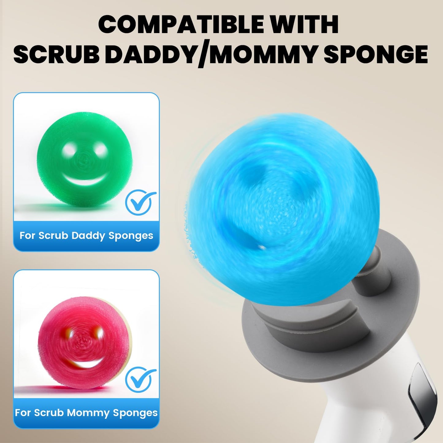 Electric Spin Scrubber for Scrub Daddy/Mommy, Goldusk 2-Speed Power Cleaning Brush with Digital Display 4 Replacement Brush Heads, Smiley Sponge Wand