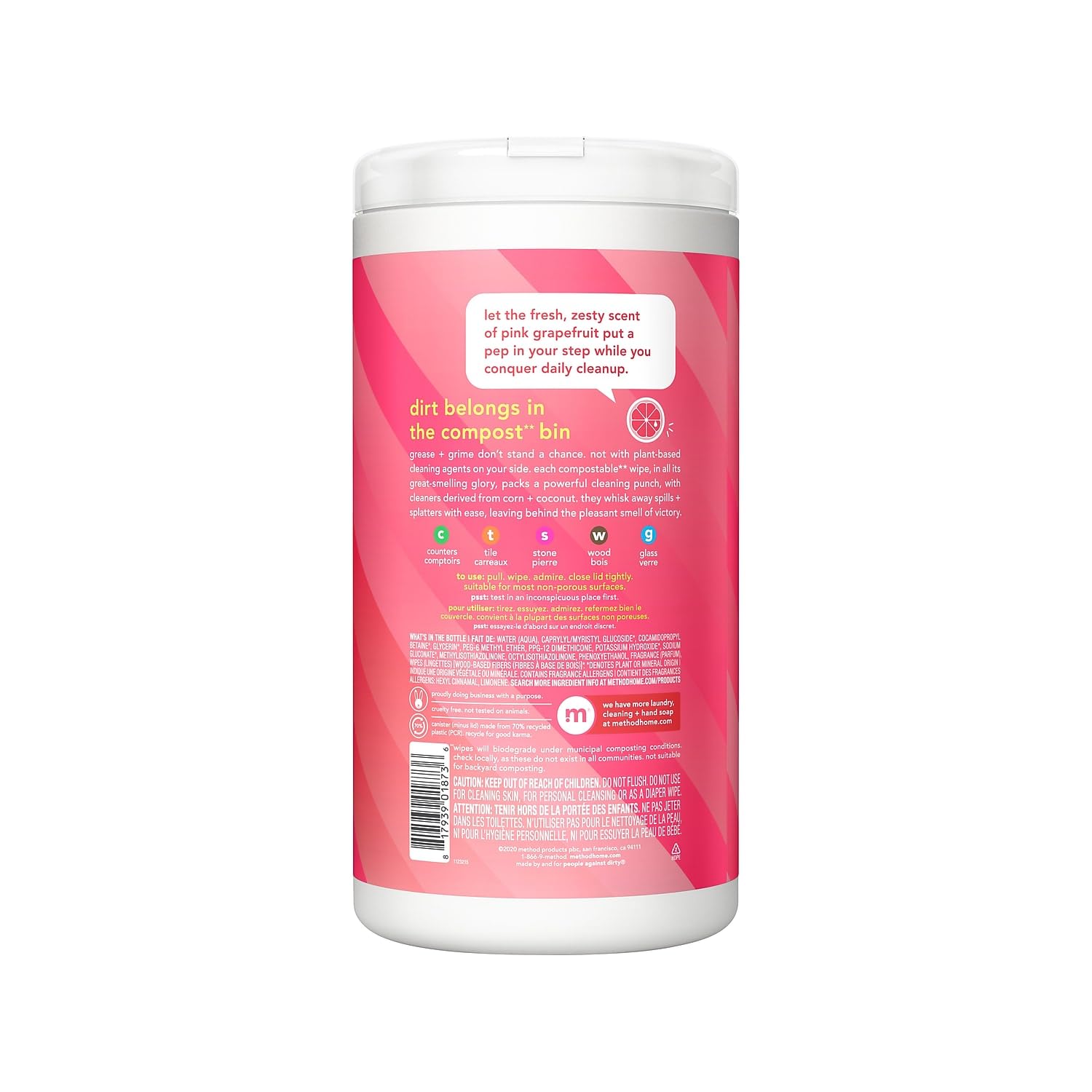 Method All-Purpose Cleaning Wipes, Pink Grapefruit, Multi-Surface, Compostable, 70 Count (Pack of 1)