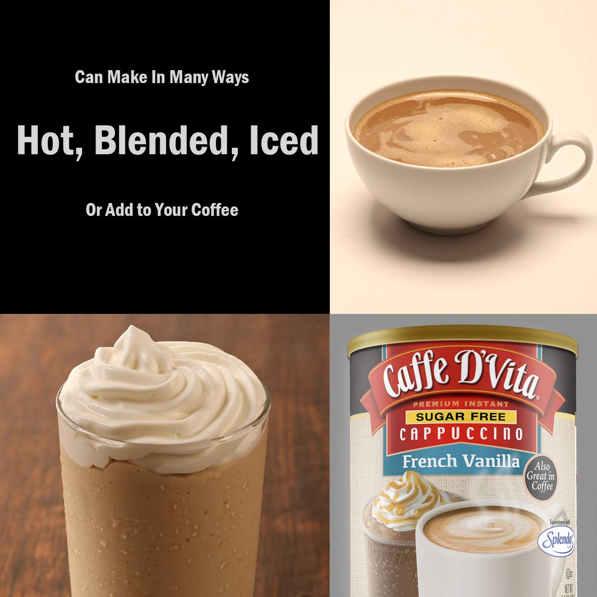 Caffe D’Vita Sugar Free French Vanilla Cappuccino Mix - Instant Cappuccino Mix, Gluten Free, No Cholesterol, No Hydrogenated Oils, 99% Caffeine Free