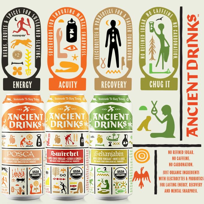ANCIENT DRINKS Apple Cider Vinegar Electrolyte Drink with Probiotics - Organic Hydration Beverage Variety Pack (Posca, Switchel, Sekanjabin) - ACV