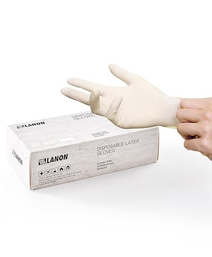 LANON 5 mil Latex Disposable Gloves, Food-Contact Grade, Powder-Free, Fully Textured, White, Medium