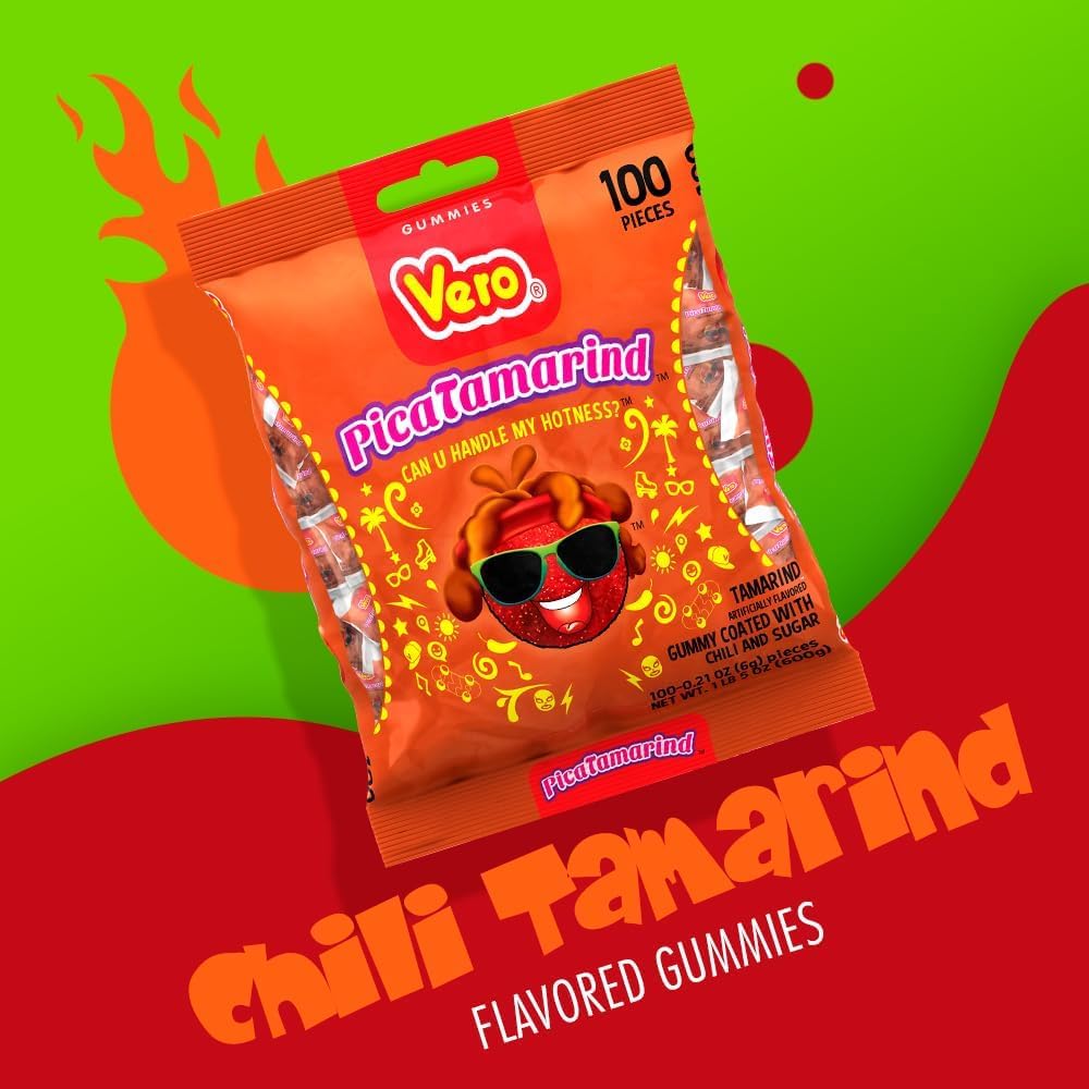 Vero PicaTamarind - Tamarind Flavor Chewy Gummy Treats Coated With Chili Powder & Sugar 100 Pieces (5.15 Oz) - Mexican Candy - Individually Wrapped