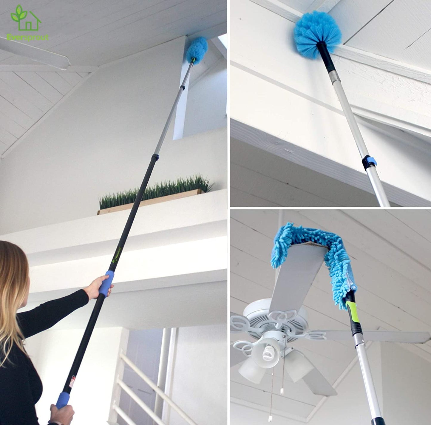 EVERSPROUT 5-to-12 Foot Duster 3-Pack with Extension-Pole (20+ Foot Reach) | Hand-packaged Cobweb Duster, Microfiber Feather Duster, Flexible