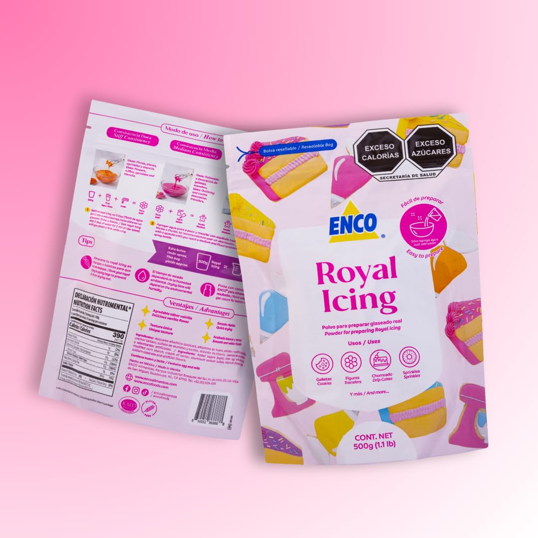 ENCO White Royal Icing Mix, Vanilla Flavor - Easy to Use, Just Add Water, Smooth & Glossy Finish, Fast Drying, Versatile for Cookie Decorating (1.1 lb