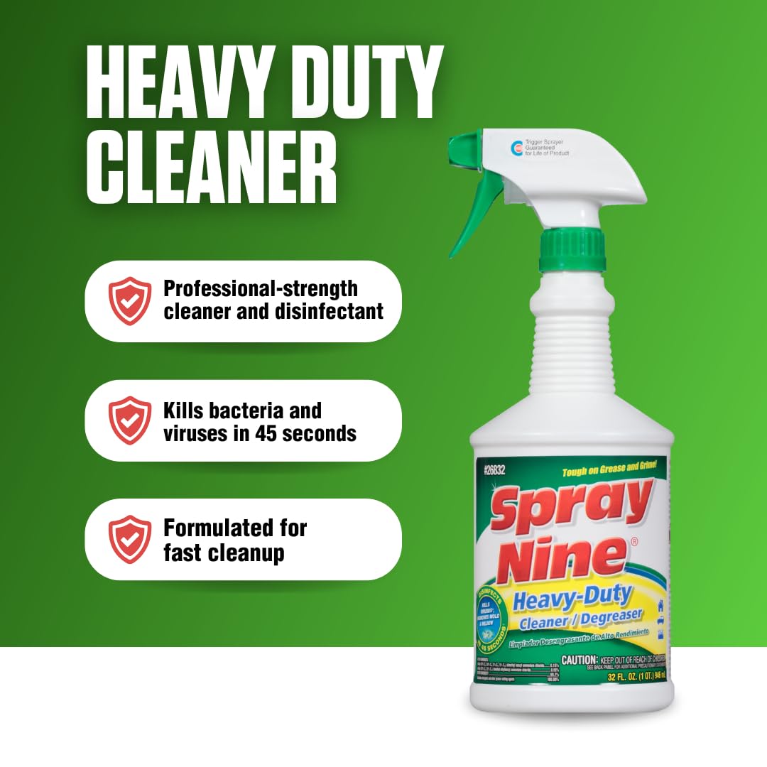 Spray Nine 26832 Heavy Duty Cleaner, Degreaser & Disinfectant for Kitchens, Bathrooms, Yard Equipment, Automotive & Industrial 32 Fl Oz. (Pack of 1)