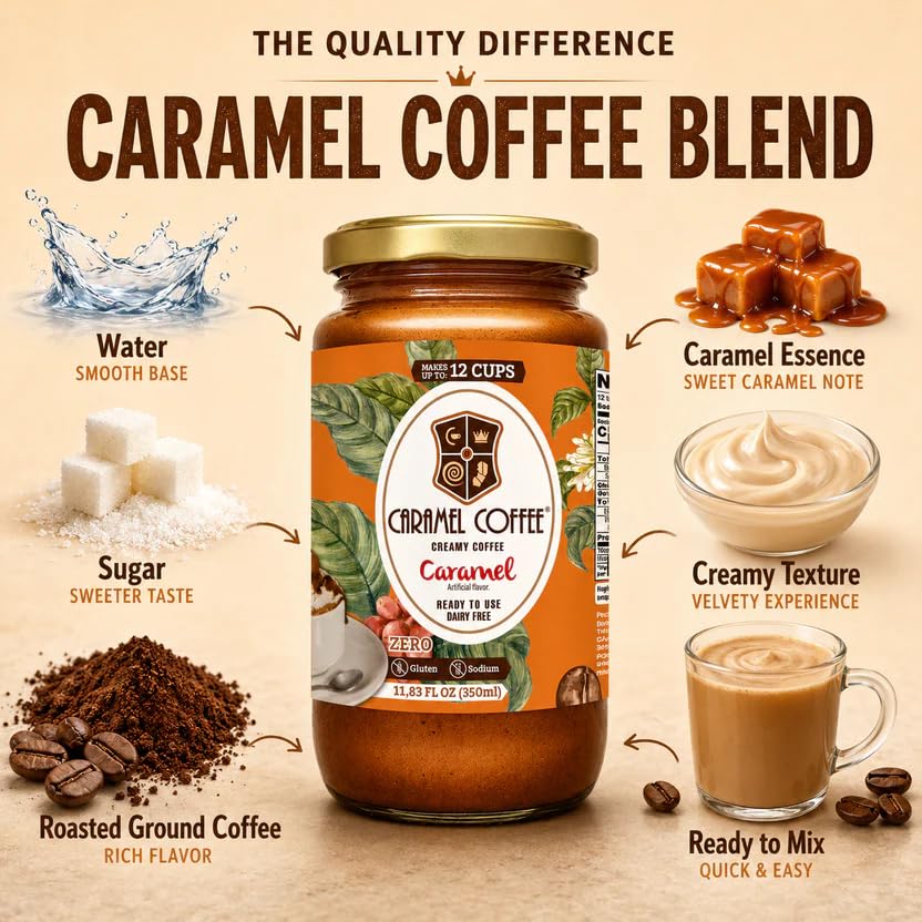 Creamy Coffee Caramel - Instant Coffee Cream, Dairy Free, Gluten Free, Zero Sodium - Ready to Use, 12 Servings - 11.8 fl oz