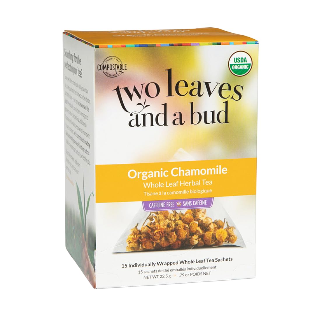 Two Leaves and a Bud Organic Chamomile Herbal Tea Bags, Naturally Caffeine Free, Whole Leaf Chamomile Tea in Pyramid Sachets, 15 Count (Pack of 1)