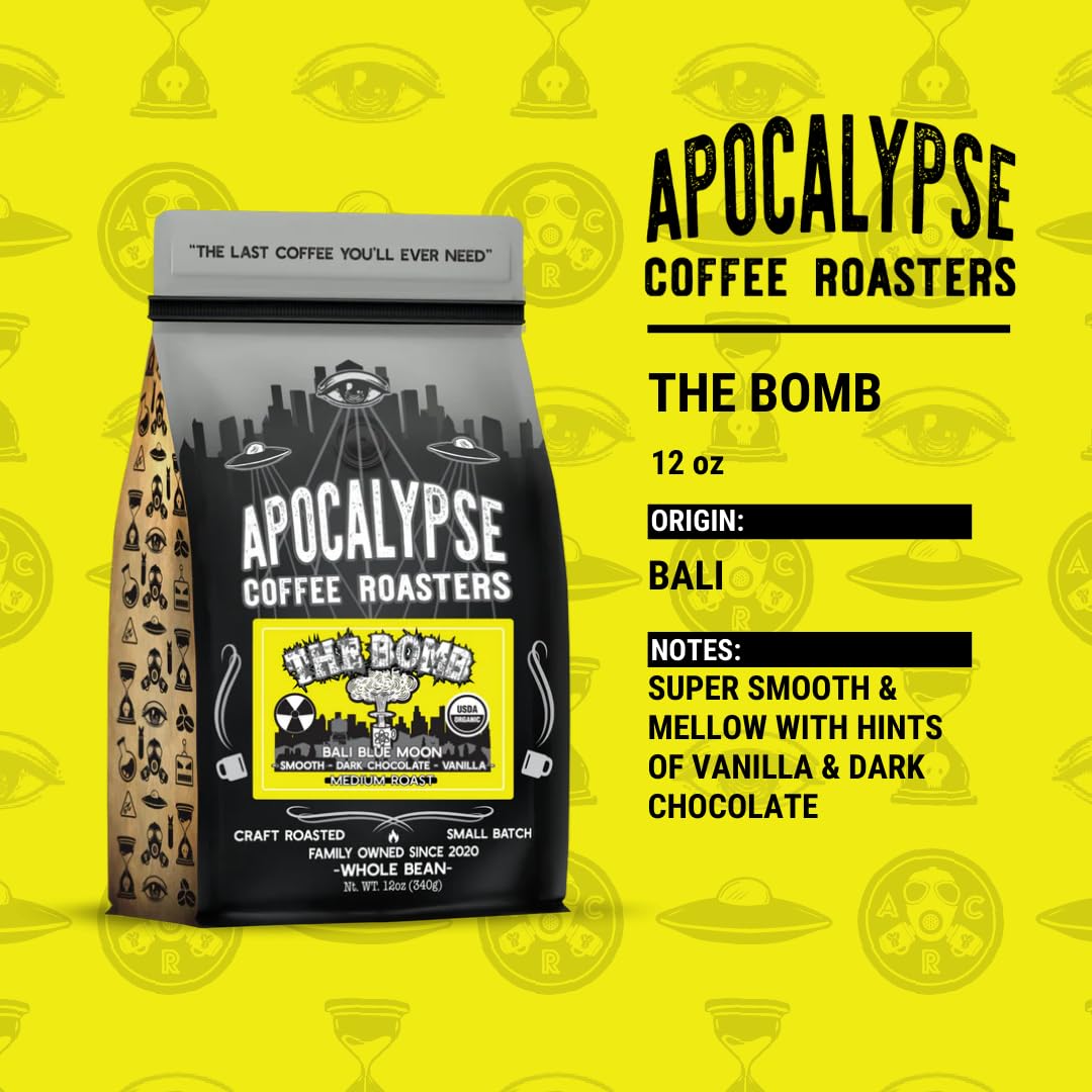 Apocalypse Coffee Roasters - The Bomb - Organic Whole Bean Coffee - Craft Roasted Bali Blue Moon Blend - Medium Roast - Smooth, Dark Chocolate