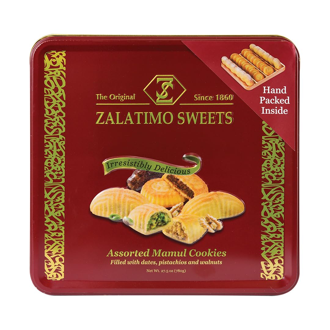 Zalatimo Sweets Since 1860, 100% All Natural Assorted Mamoul Shortbread Cookies, Square Metal Gift Tin, Slightly Sweet Cookies, Pistachio, Walnuts