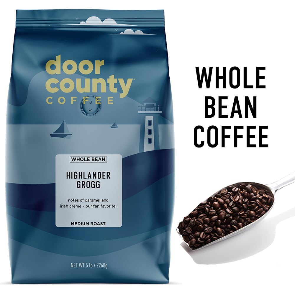 Door County Coffee Highlander Grogg Flavored Coffee Whole Bean - 5 lb Bag - Flavored Ground Medium Roast - 100% Specialty Arabica - Gourmet - Irish