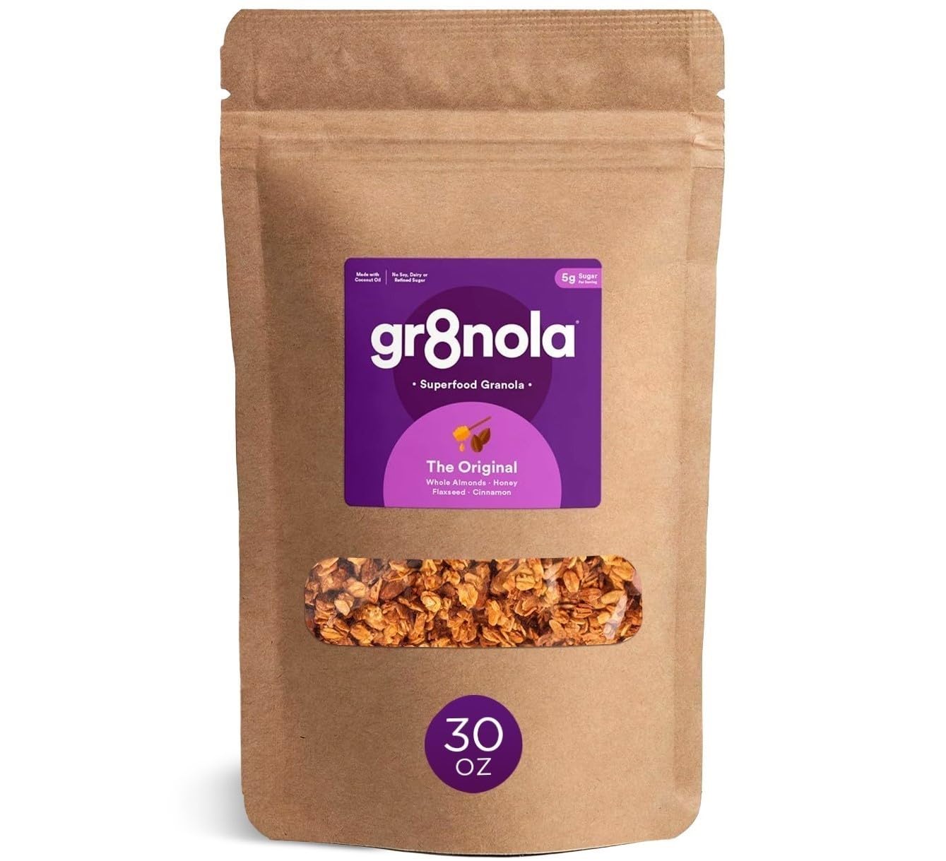 gr8nola THE ORIGINAL - Healthy, Low Sugar Granola Cereal - Made with Superfoods, Whole Almonds, Honey, Cinnamon and Flaxseed, Soy Free, Dairy Free