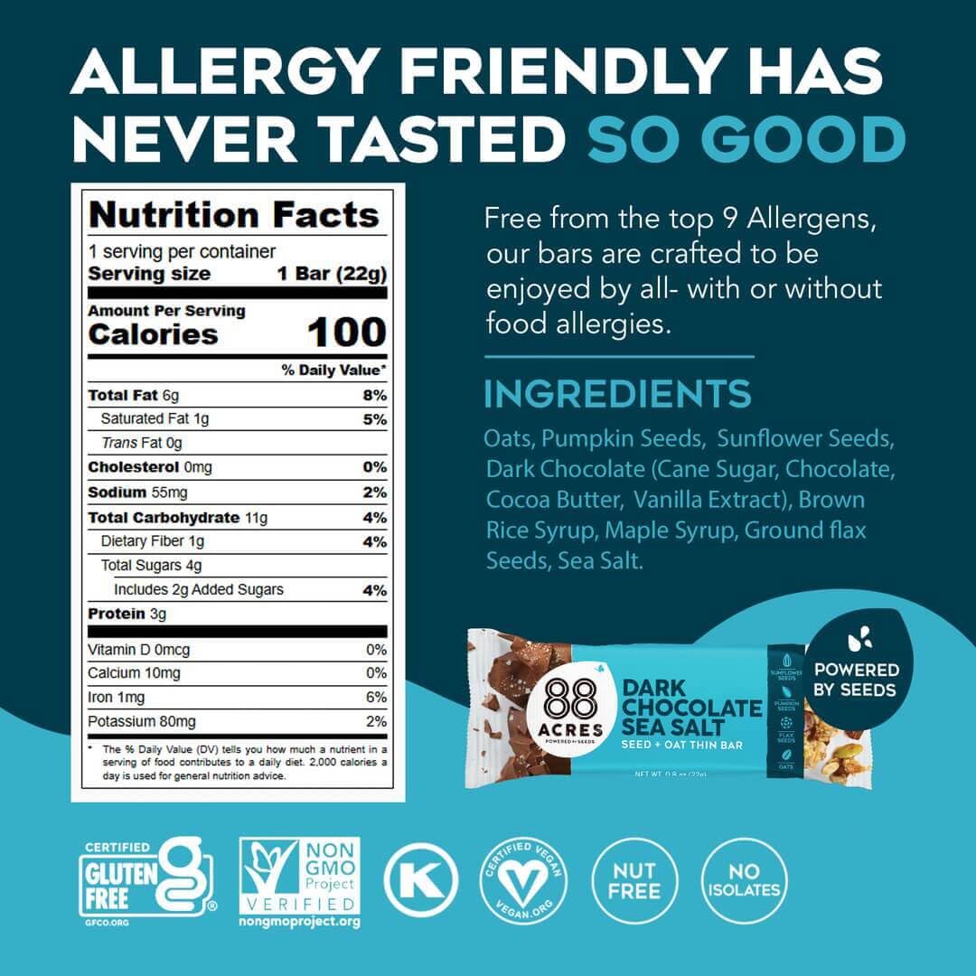 88 Acres Thin Granola Bars, Dark Chocolate Sea Salt, 18 Count, School Safe, Low Calorie, Allergen Free Seed & Oat Snack Bar, Gluten & Nut Free, Vegan
