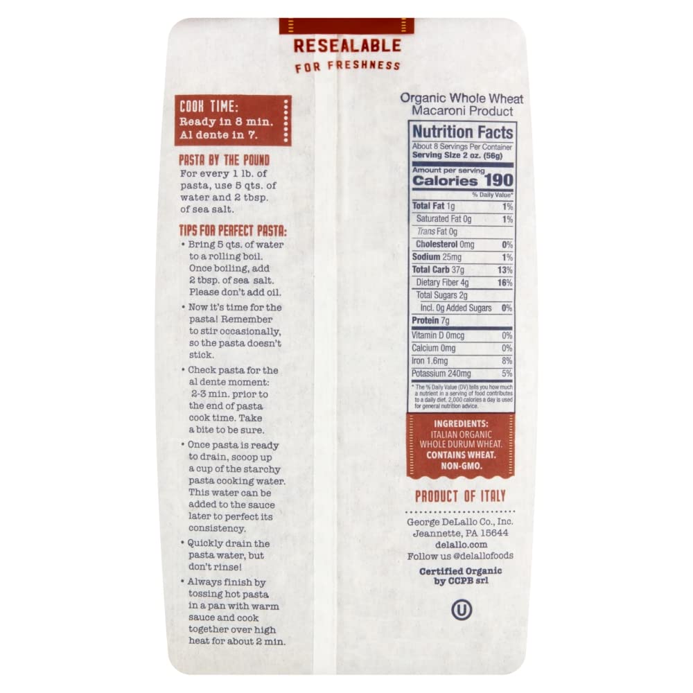 Delallo Organic Whole Wheat Orzo Pasta, 17 Ounce - 16 per case.