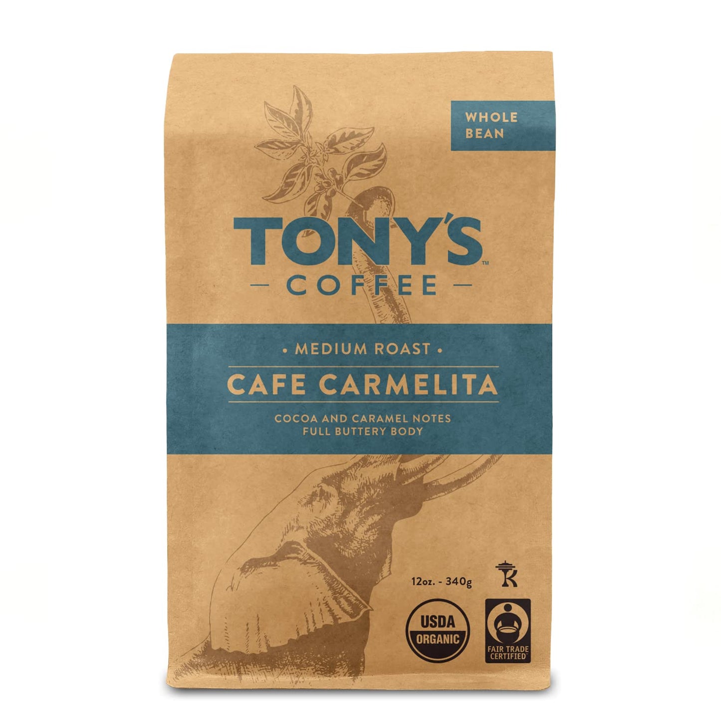 Tony's Coffee, Cafe Carmelita (12oz), Medium Roast Whole Bean Coffee, Organic and Fair Trade