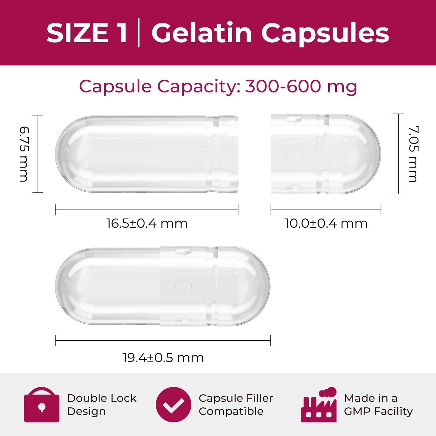 ATLEMISME Empty Gelatin Capsules Size 1 (500 Count) - Gel Caps for DIY Filling with 2 Micro Lab Spoons