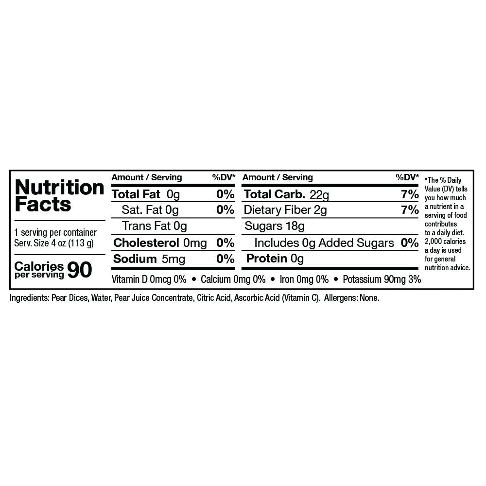 Zee Zees Diced Pear Fruit Cup, in 100% Juice, No Sugar Added, Gluten Free, 4 oz Cups, 24 pack