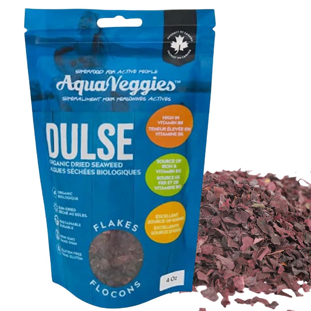 Aqua Veggies Organic Atlantic Dulse Flakes 4 Oz , Hand-Harvested, Sun-Dried Bay of Fundy, Excellent Source of Vitamins B6, B12, Iron, Iodine, Protein