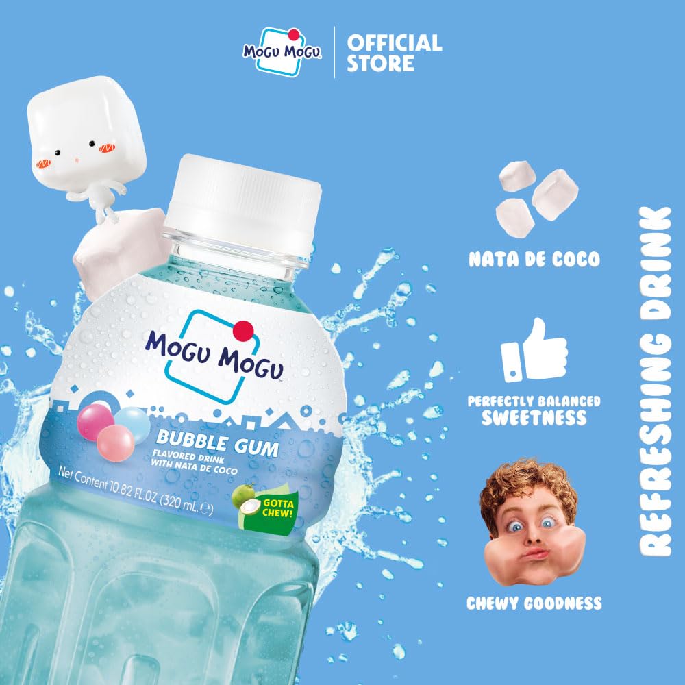 Mogu Mogu Drink Bubble Gum (6 Bottles) Delicious drinks made with nata de coco (coconut jelly). Fun chewable juice boxes for kids. Juice bottles made