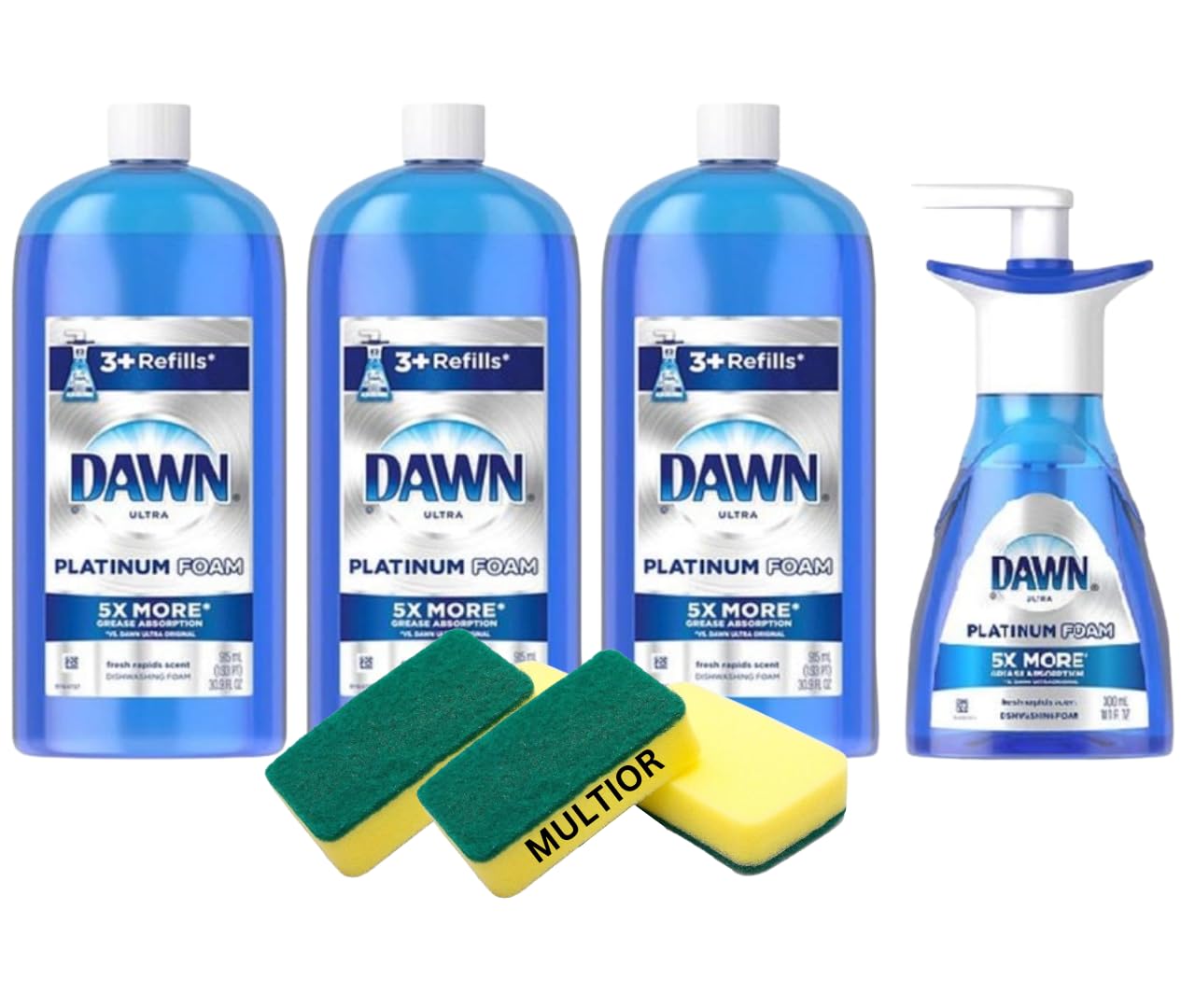 MULTIOR Scrub Sponges (3 Count) Compatible with Dawn Platinum Foam Refills, Fresh Rapids Scent (3 Refill Bottles 30.9 Fl Oz each) with 1 Foam Pump