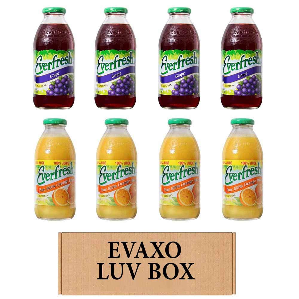 LUV BOX- variety Everfresh Juice 16 oz. pack of 8 , Everfresh 100% Juice- Grape , Everfresh 100% Orange Juice. by evaxo