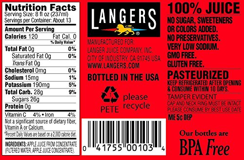 Langers 100% Juice, Apple, 101.4 Fl Oz (Pack of 4)