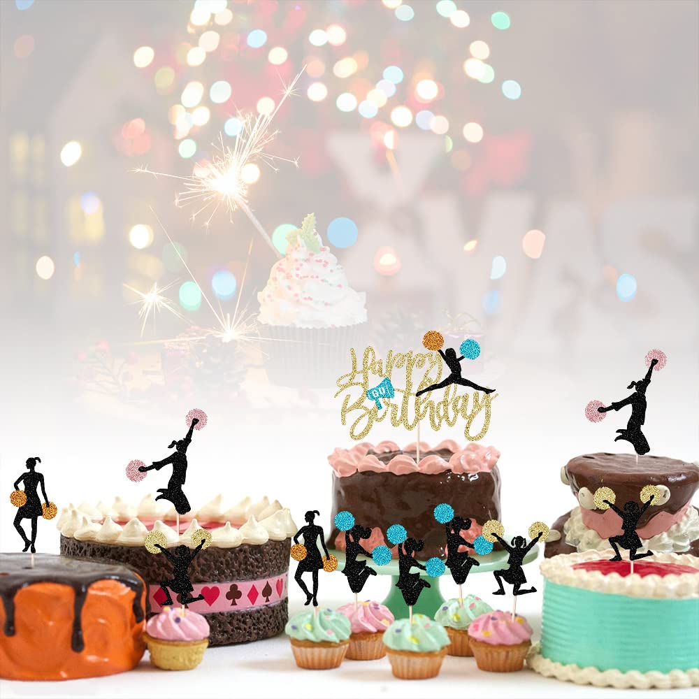 21 piece set Cheerleader Happy birthday cake topper-Cheerleading gymnastics cupcake top hat -cheerleader gymnast girl cake selection gym theme