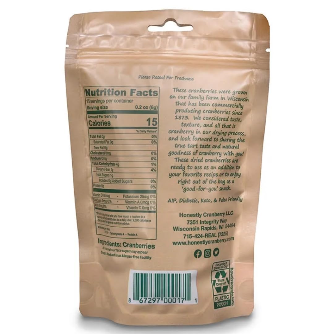 Honestly Cranberry - Unsweetened Dried Cranberries - No Added Sugars, Juices, or Oils - Non-GMO - Wisconsin Grown (3 oz)