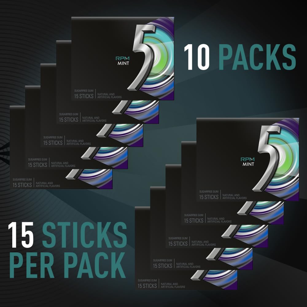 5 GUM Packs Bulk, RPM Mint Sugar Free Gum Bulk, 15 Count (Pack of 10)