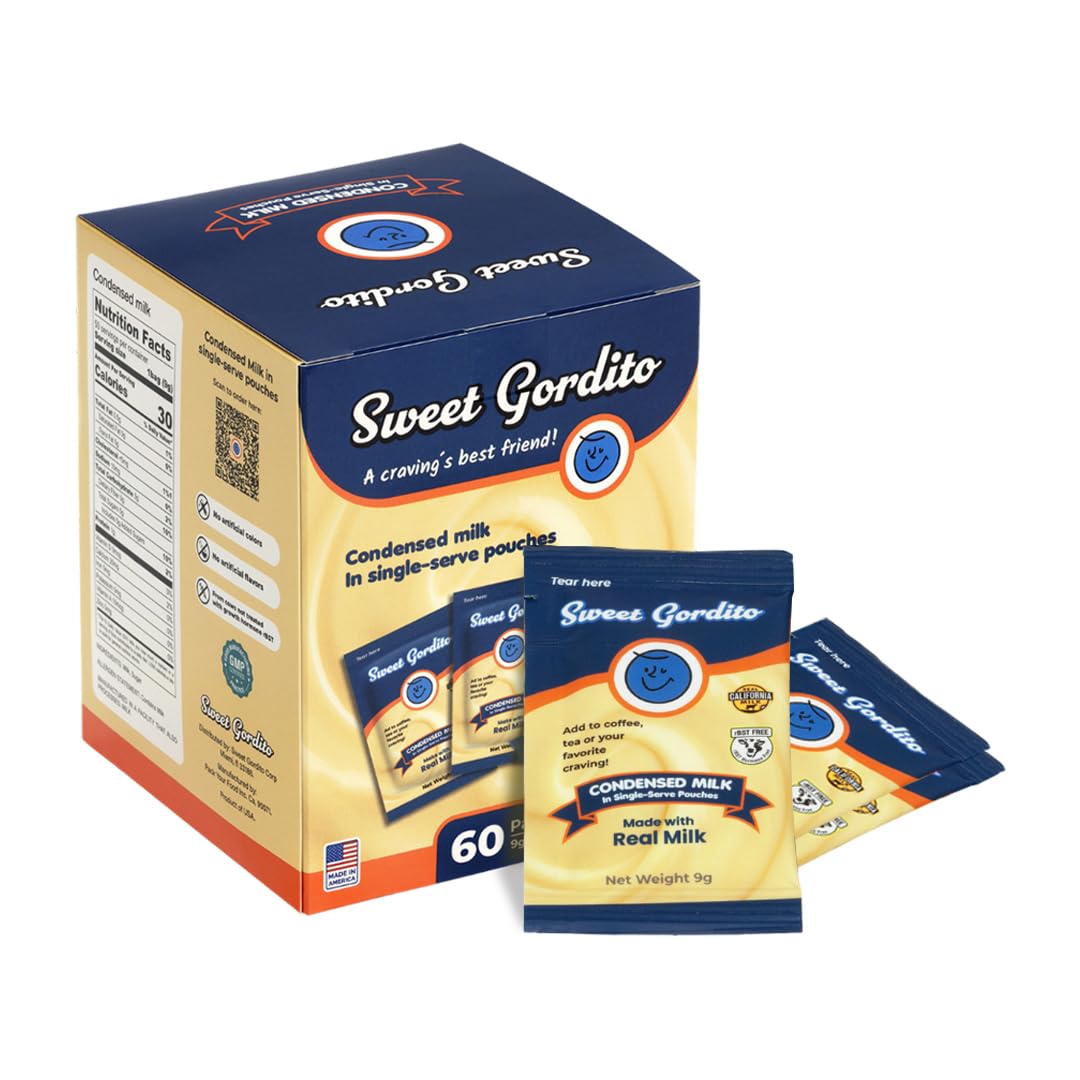 Sweet Gordito Sweetened Condensed Milk Packets - 60 Pack Travel Coffee Creamer Singles, Non-Refrigerated Sweet Condensed Milk for Coffee, Tea, and Recipes, Made in the USA from Grass-Fed Cows
