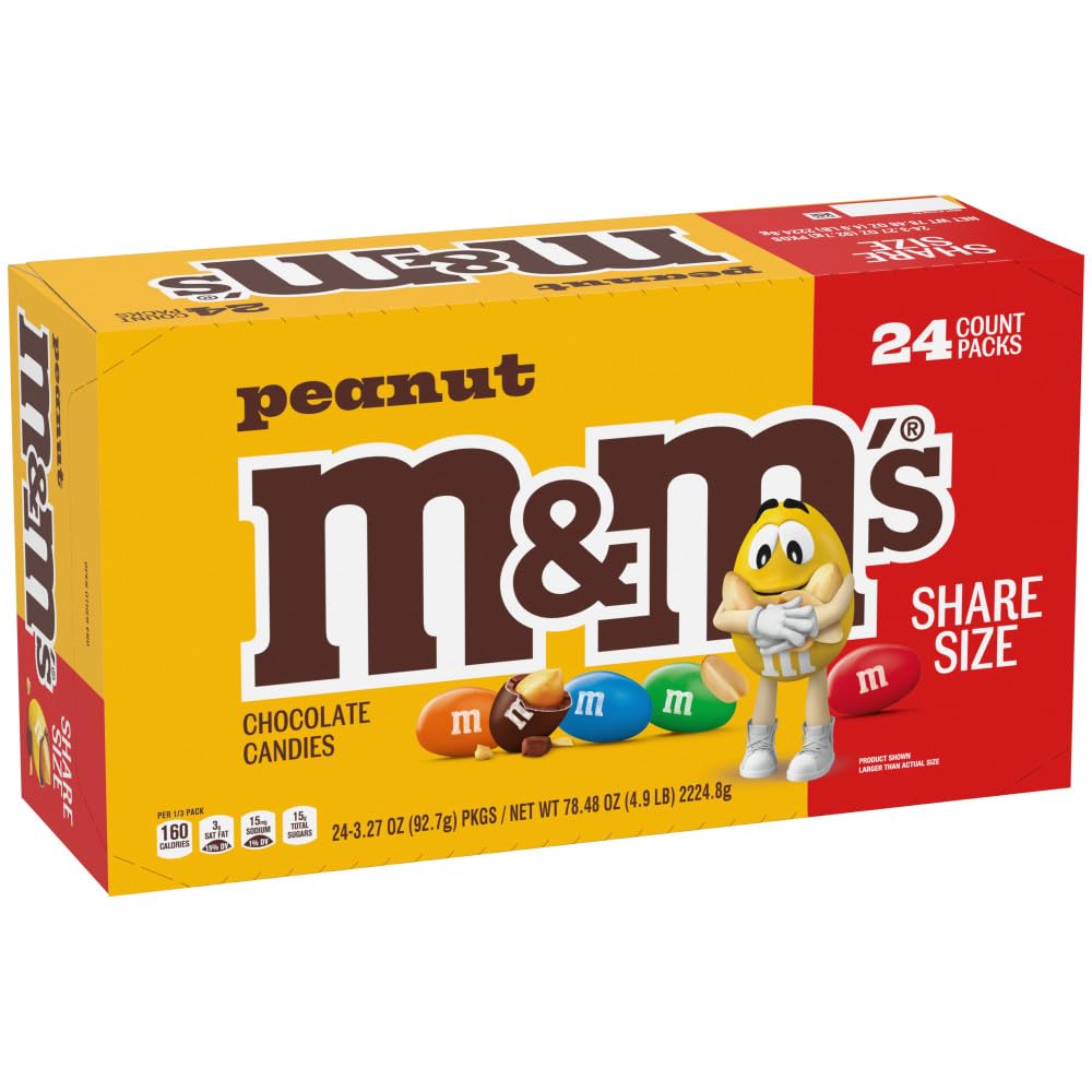 M&M’S Peanut Milk Chocolate Individually Wrapped Candy, Share Size Bulk Chocolate Candy for Movies, Party Favors, 78.48 Oz, 24 Ct