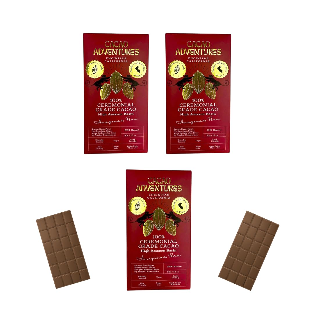 Cacao Adventures - 100% Pure Ceremonial Grade Cacao Bar | Wild Strains | Ethically Sourced Sustainably Grown | (1.76 oz - Pack of 3)
