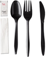 450 Black Plastic Cutlery Packets - Knife, Fork, Spoon, Napkin, Salt, Pepper Sets | Individually Wrapped Silverware Kits, Disposable Bulk To-Go