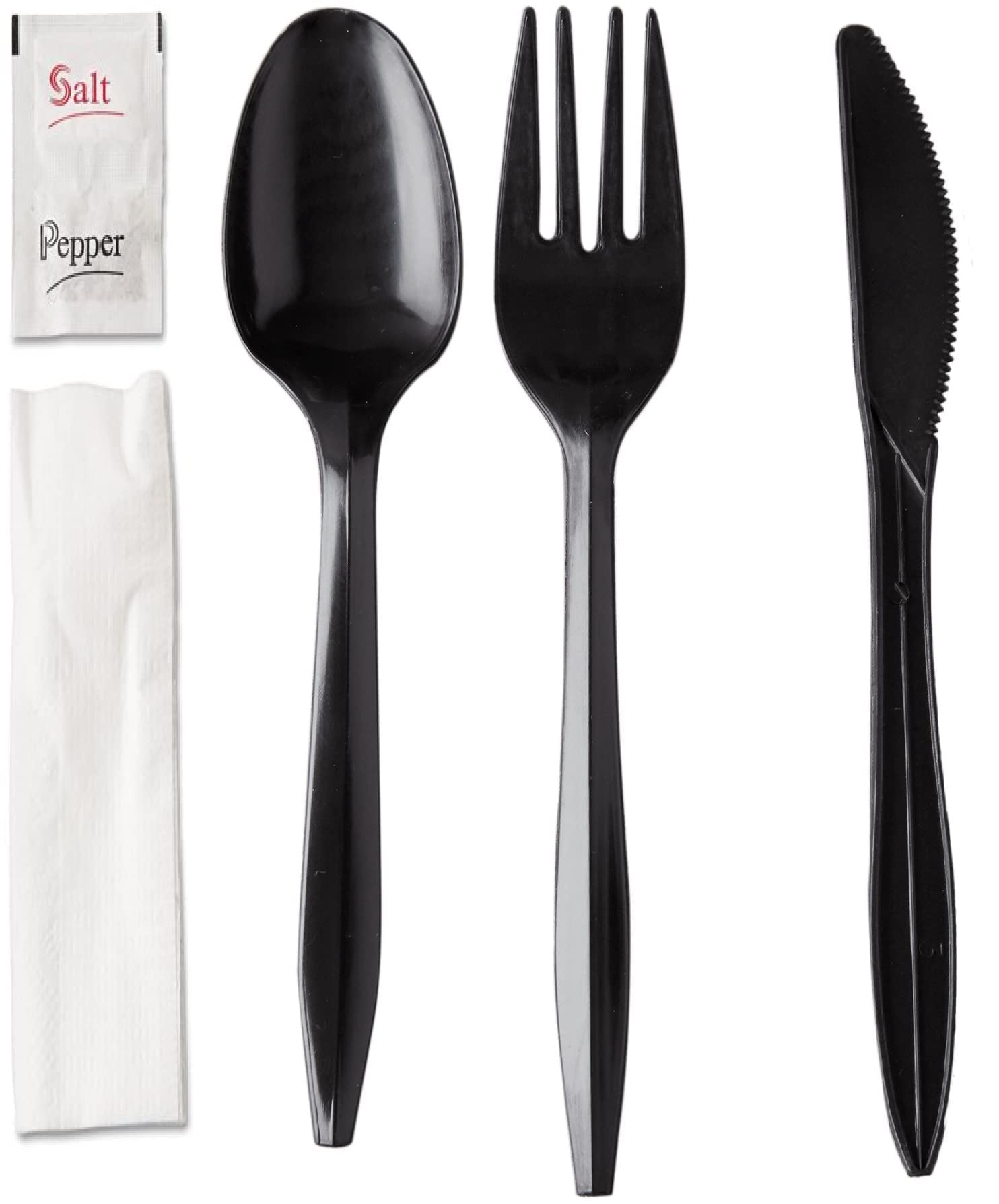 450 Black Plastic Cutlery Packets - Knife, Fork, Spoon, Napkin, Salt, Pepper Sets | Individually Wrapped Silverware Kits, Disposable Bulk To-Go