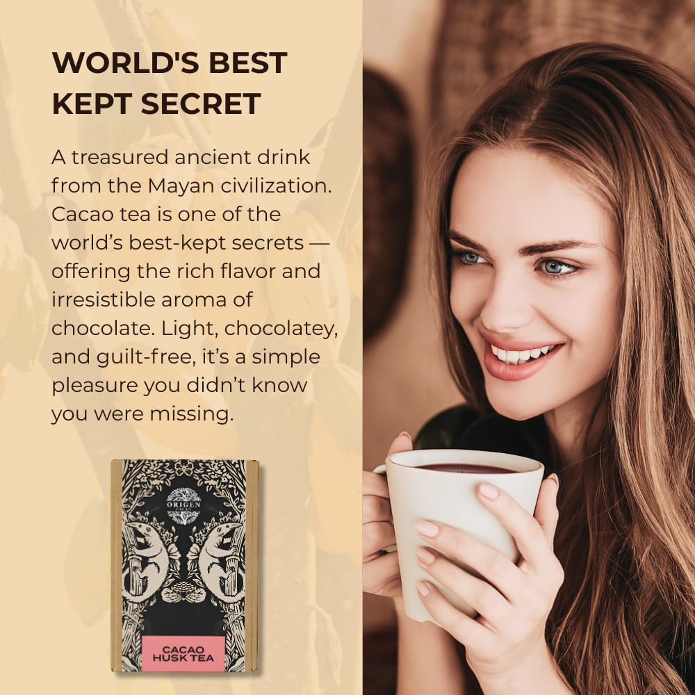 Origen Cacao Husk Tea - 100% Natural Cacao Shell - Zero Sugar, Caffeine-Free Superfood - Healthy Chocolate Tea Alternative to Coffee - Rich in