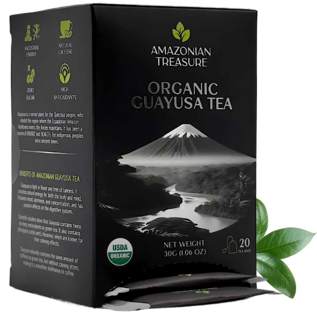 Amazonian Treasure, Organic Guayusa Tea Bags - 20 Count Box, Smooth Beverage Option, 50mg Caffeine Content, Premium Selection, Enhanced Experience