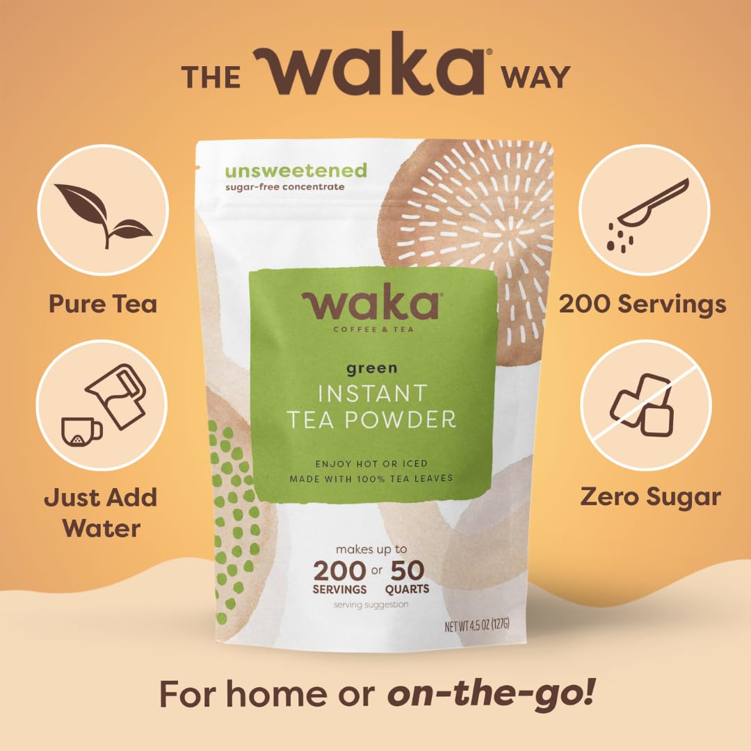 Waka Instant Green Tea Mix, Classic - 100% Tea Leaves, No Additives, Unsweetened Tea Powder for 50 Quarts or 200 Cups - Easy Quick Hot and Iced Teas