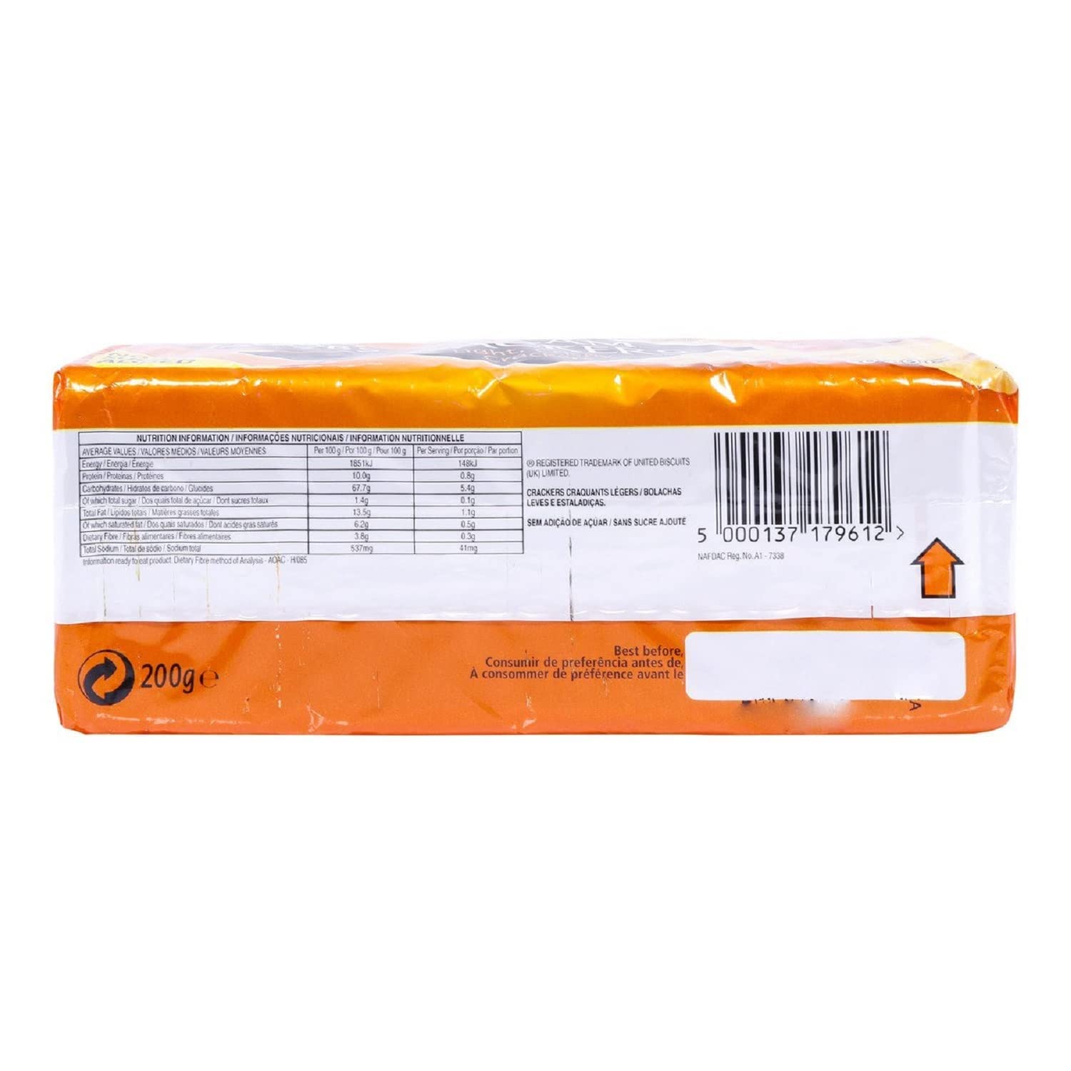 Jacob's Cream Crackers. 200g Pack (Pack of 6)