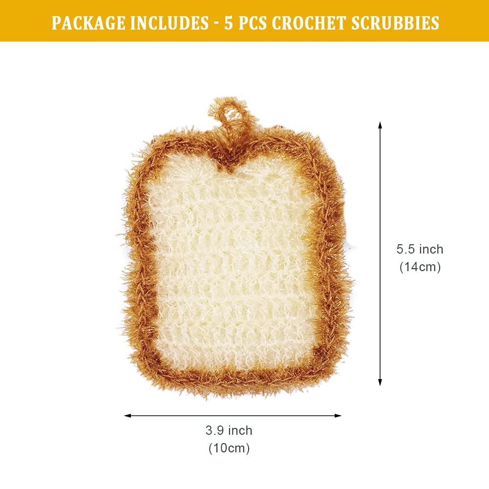 5 Pcs Cute Crochet Scrubbers, Toast Shaped No Odor Non-Scratch Reusable Scrub for Kitchen and Household Use Double Layered Scrubbers Cleaning Wash