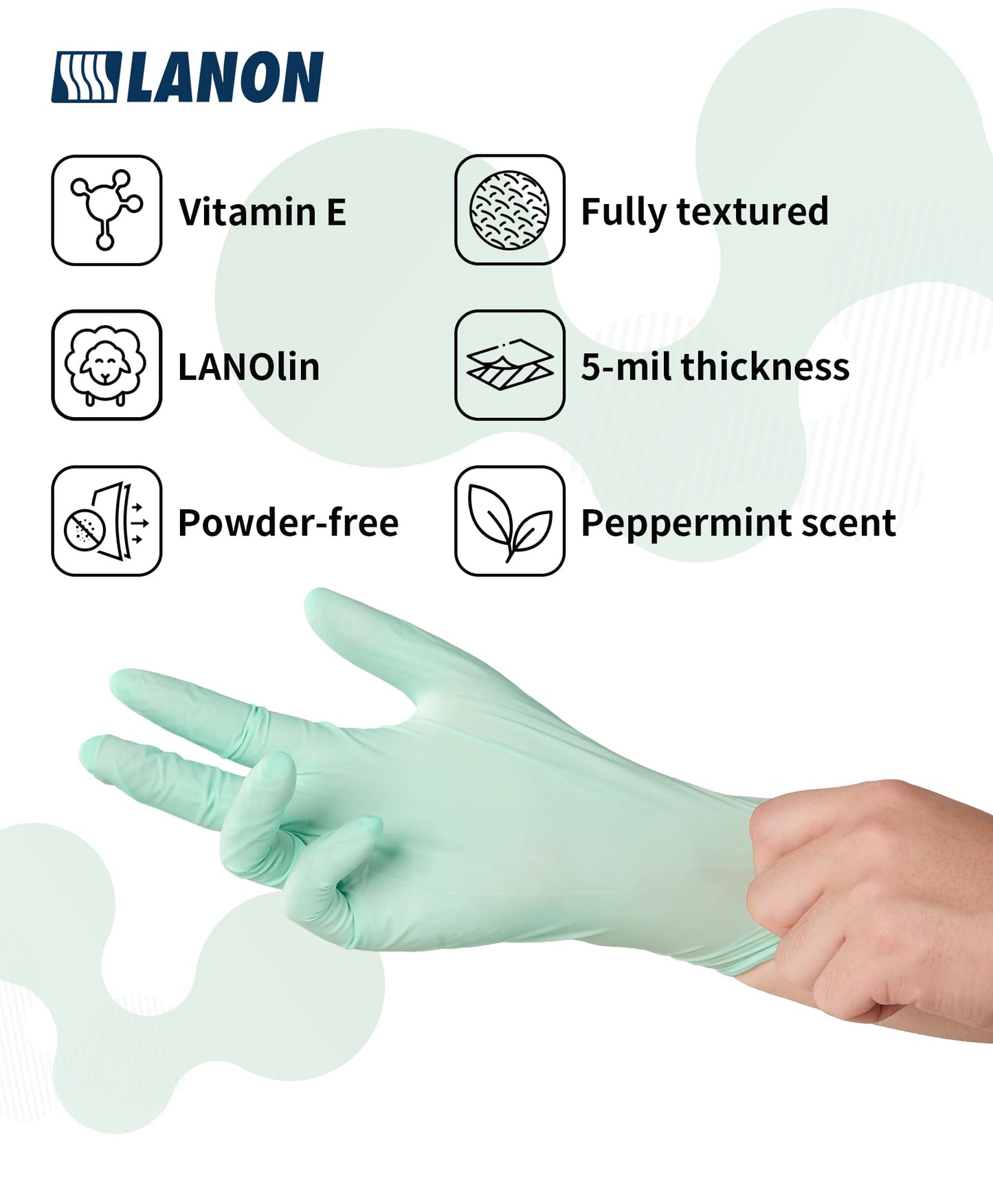 LANON 5 mil Vitamin-E Coated Latex Disposable Gloves, Food-Contact Grade, Fully Textured, Green, Small