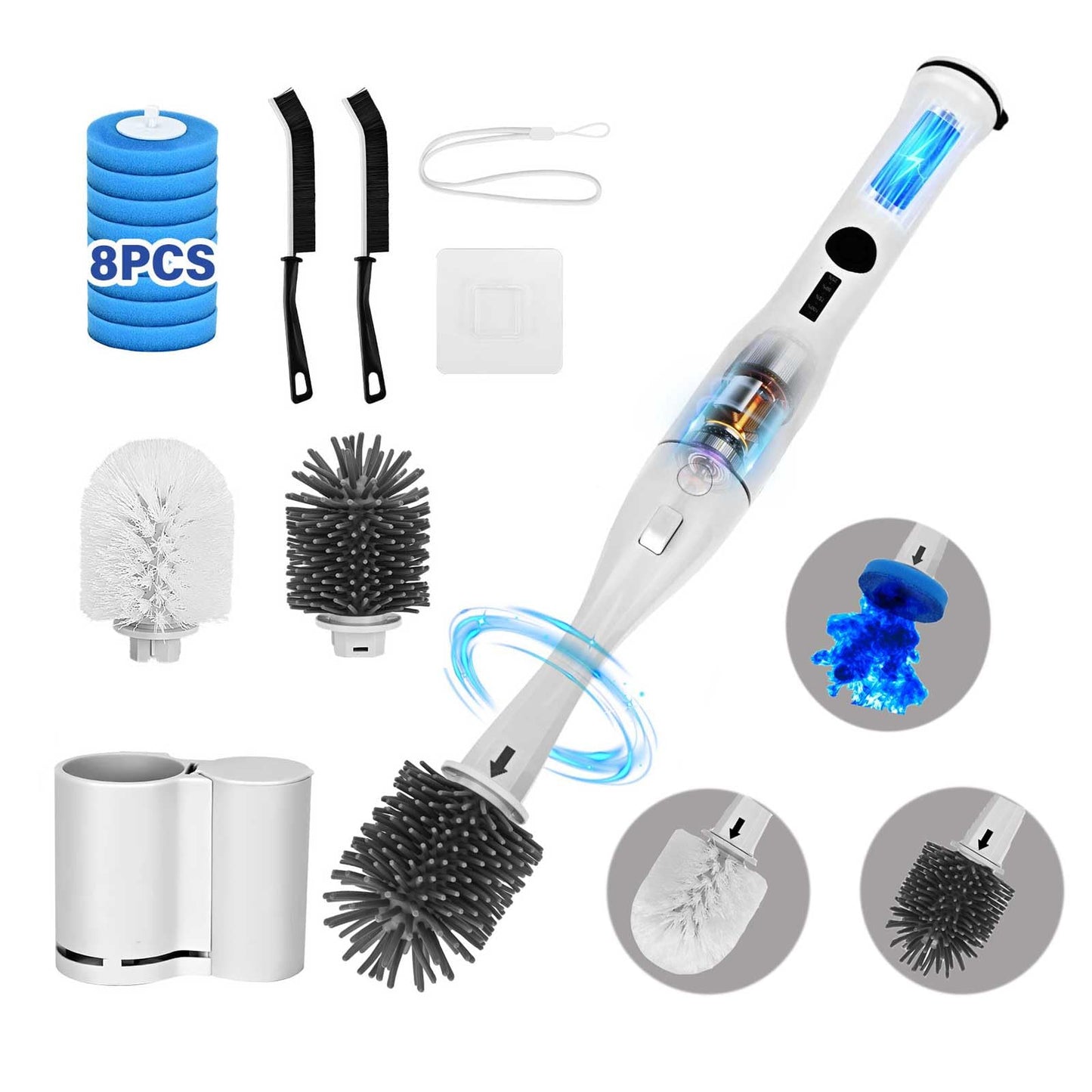 Electric Toilet Brush Scrubber and Holder Set,Electric Toilet Bowl Cleaning Kit with 8 Disposable Refill Heads,Hard Nylon Brush and Soft Silicone