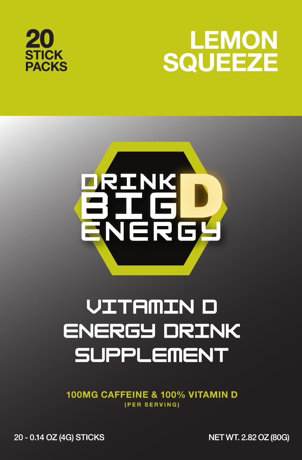 Drink Big D Energy Lemon Squeeze Vitamin D Drink Mix, 100mg Caffeine, 20 Stick Packs
