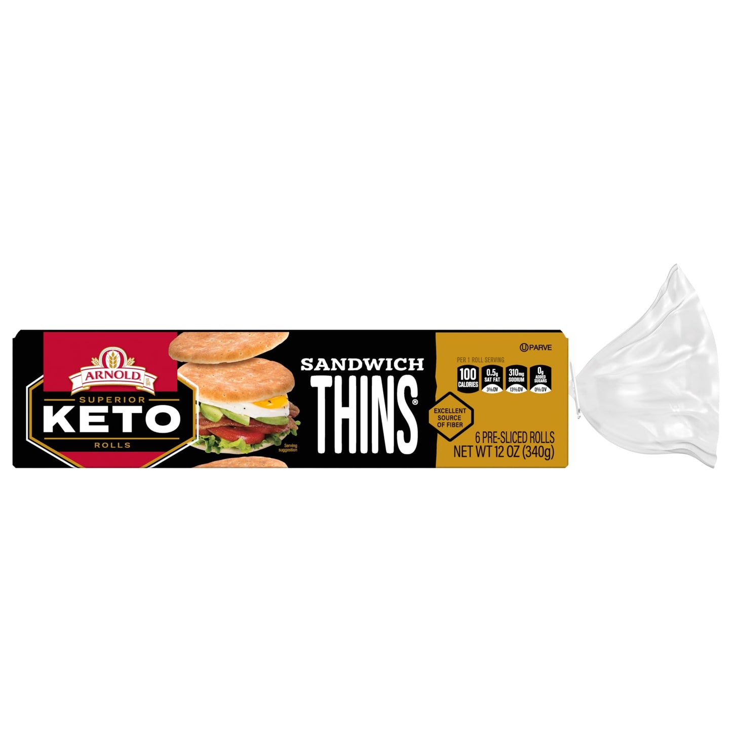 Arnold Keto White Sandwich Thins, 6 count, (2.0 oz each), Pre-sliced Sandwich Thins, 12 oz Tray