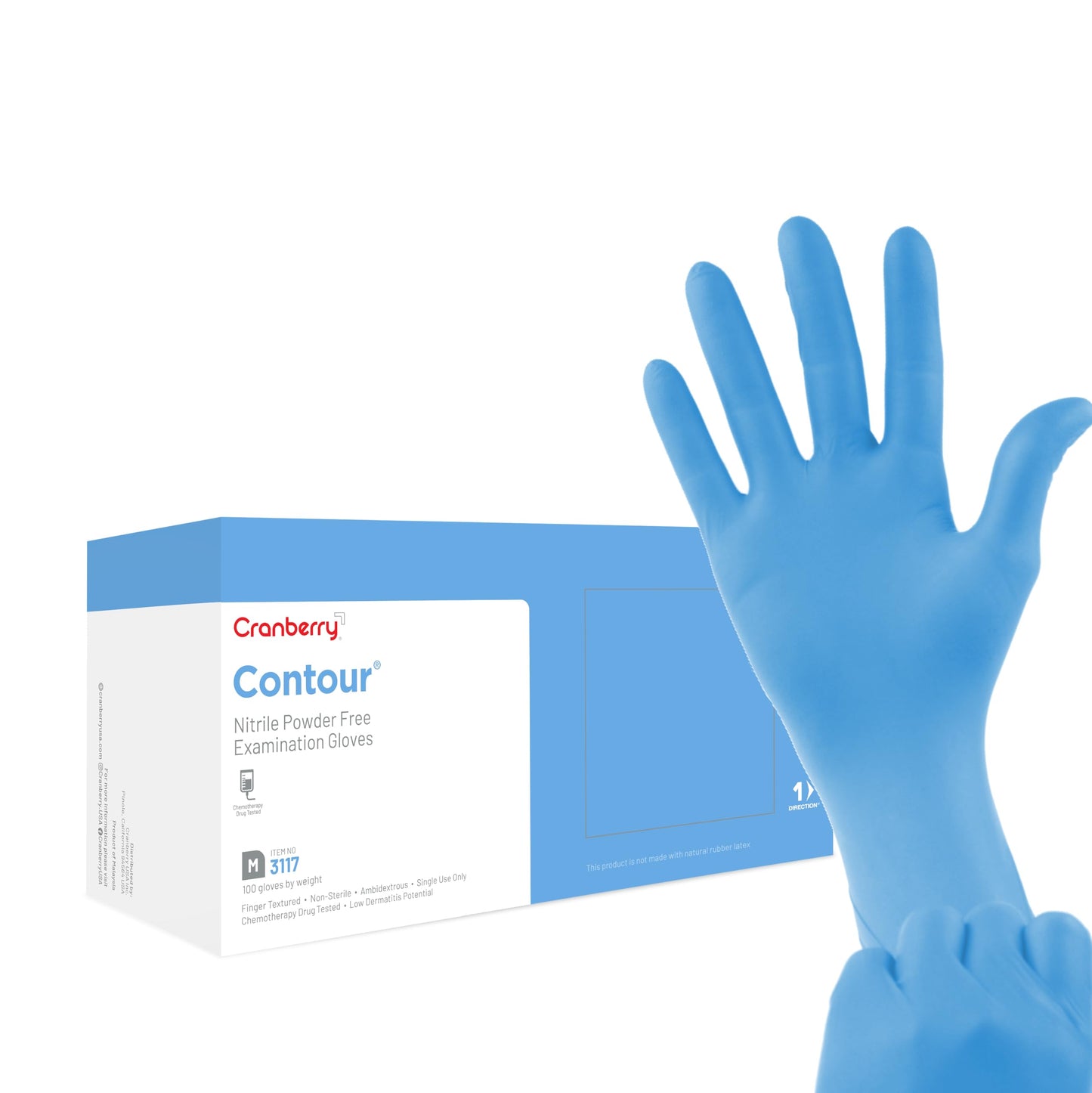 Cranberry USA CR3117 Contour Nitrile Powder Free Exam Gloves, Medium, Blue (Pack of 100)